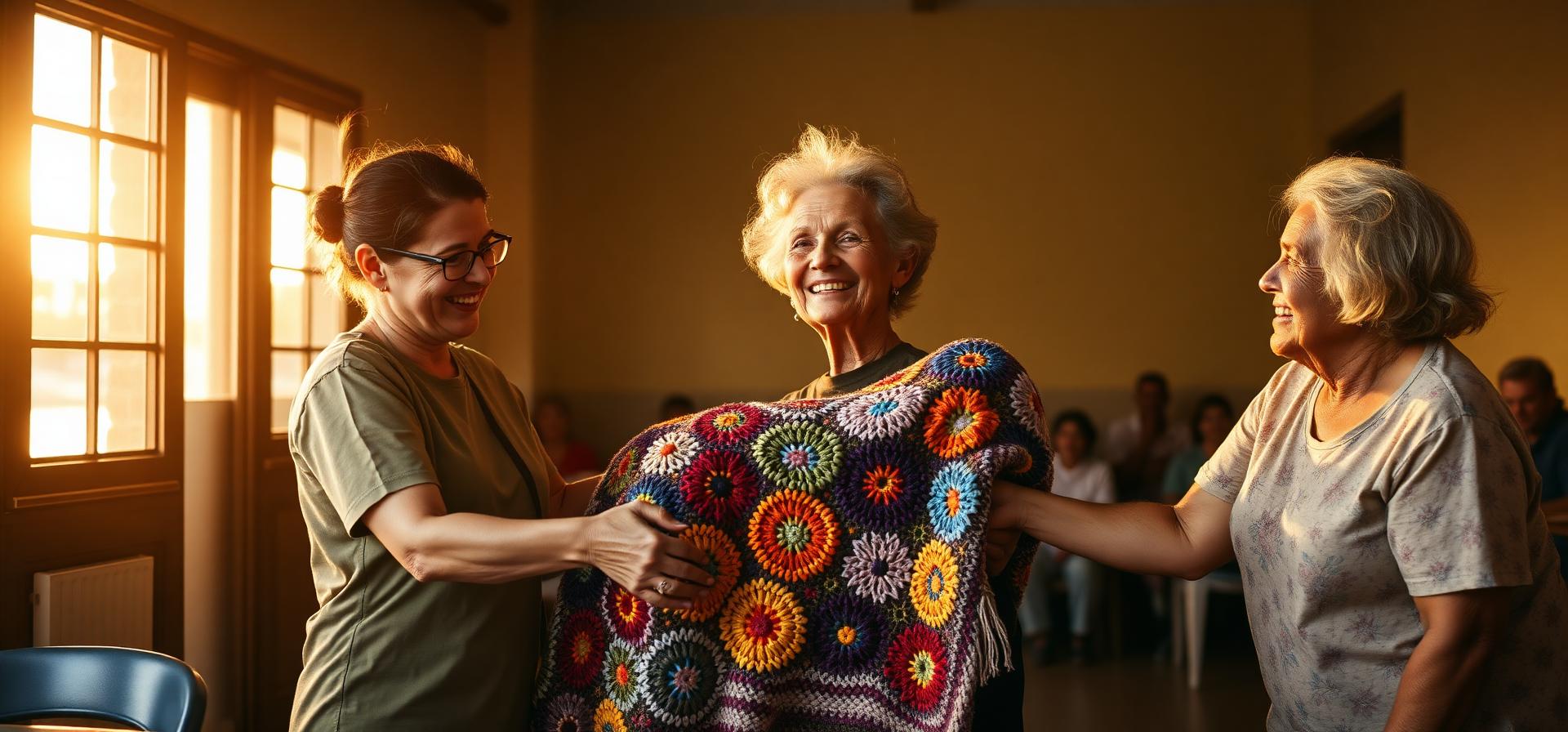 Voluntária entregando peça de crochê a idosa no Projeto Renascer